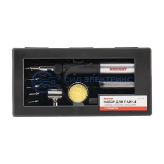 фото Паяльник-горелка с пьезоподжигом, газовый, 17мл, 6 насадок + припой + губка, коробка REXANT