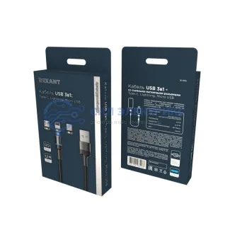 фото Кабель USB 3в1 со съемными магнитными портами, Type-С (2A), Lightning (2,4A), Micro USB (2A), 1,2м, в черной оплетке, с LED подсветкой REXANT
