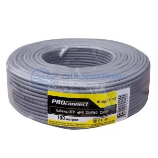 фото Кабель витая пара омедненный, U/UTP, CAT 5e, PVC, 4PR, 24AWG, INDOOR, SOLID, серый, 100м, PROconnect