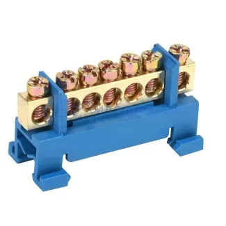 фото Шина «N» нулевая с синим изолятором тип «Стойка» на DIN-рейку 6x9 мм 7 групп REXANT