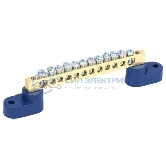 фото Шина «N» нулевая 6х9 мм на двух угловых синих изоляторах 12 групп REXANT