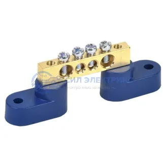 фото Шина «N» нулевая 6х9 мм на двух угловых синих изоляторах 4 группы REXANT