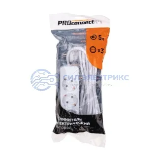 фото Удлинитель 3 гнезда, 5м, 3х0,75мм², с/з, белый PROconnect