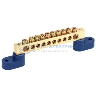 фото Шина «N» нулевая 8х12 мм на двух угловых синих изоляторах 10 групп REXANT