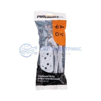 фото Удлинитель 2 гнезда, 3м, 2х0,75мм², б/з, белый PROconnect