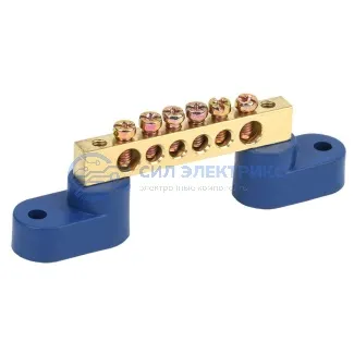 фото Шина «N» нулевая 6х9 мм на двух угловых синих изоляторах 6 групп REXANT