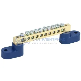 фото Шина «N» нулевая 6х9 мм на двух угловых синих изоляторах 10 групп REXANT