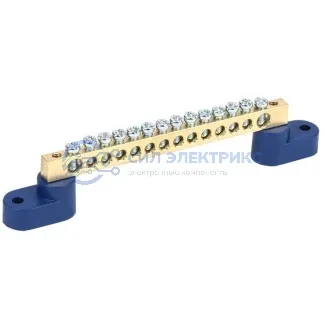 фото Шина «N» нулевая 6х9 мм на двух угловых синих изоляторах 14 групп REXANT