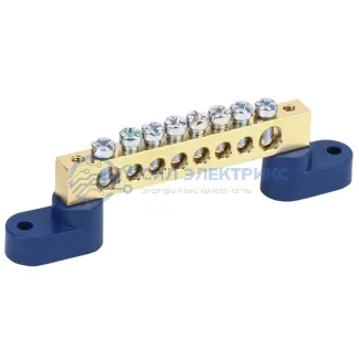 фото Шина «N» нулевая 8х12 мм на двух угловых синих изоляторах 8 групп REXANT