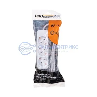 фото Удлинитель 3 гнезда, 1,5м, 3х0,75мм², с/з, белый PROconnect