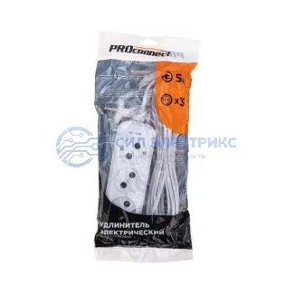 фото Удлинитель 3 гнезда, 5м, 2х0,75мм², б/з, белый PROconnect