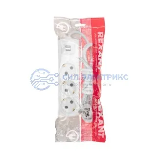 фото Удлинитель PREMIUM 3 гнезда, 3м, 3х1,5мм², с/з, 2 USB, белый REXANT