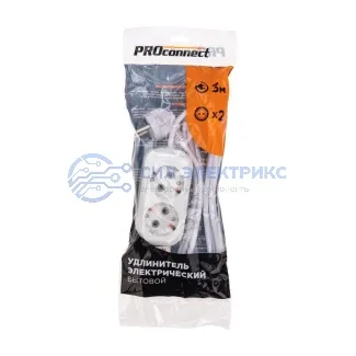 фото Удлинитель 2 гнезда, 3м, 3х0,75мм², с/з, белый PROconnect