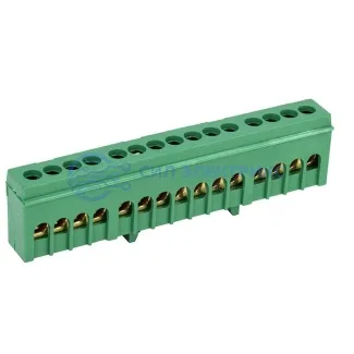 фото Шина PE «земля» в корпусном зеленом изоляторе на DIN-рейку 6x9 мм 15 групп REXANT