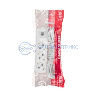 фото Удлинитель PREMIUM 3 гнезда, 5м, 3х1,5мм², с/з, 2 USB, белый REXANT