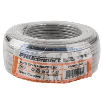 фото Кабель витая пара омедненный, U/UTP, CAT 5e, PVC, 4PR, 24AWG, INDOOR, SOLID, серый, 25м, PROconnect