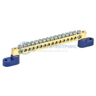 фото Шина «N» нулевая 8х12 мм на двух угловых синих изоляторах 16 групп REXANT