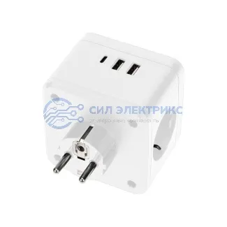 фото Двойник электрический Куб 16А с заземлением + 2хUSB-A 2,4А + USB Type-C 3А с ночной подсветкой, белый REXANT