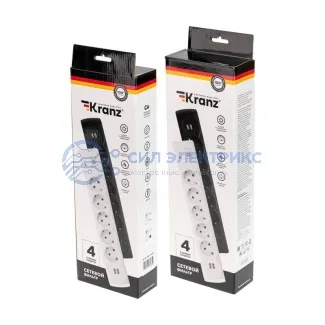 фото Фильтр сетевой 5 гнезд, 3м, 3х1,5мм², с автовыкл, 2 USB, белый KRANZ