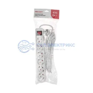 фото Удлинитель STANDARD 6 гнезд, 5м, 3х1,0мм², с/з, с выключателем, белый REXANT