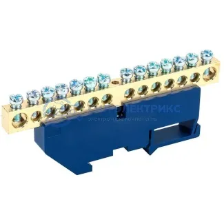 фото Шина «N» нулевая с синим изолятором на DIN-рейку 8x12 мм стойка бол. 14 групп REXANT