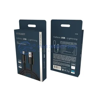 фото Кабель USB-A – Lightning для Apple, 2,4А, 1м, в черной нейлоновой оплетке, со световой индикацией REXANT
