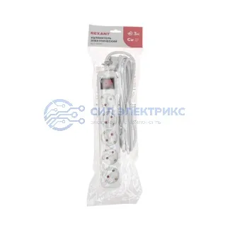 фото Удлинитель STANDARD 5 гнезд, 3м, 3х1,0мм², с/з, с выключателем, белый REXANT