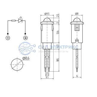 фото Индикатор Ø8 12В с проводом желтый LED (WL-04) REXANT
