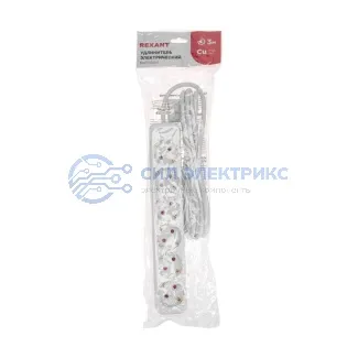 фото Удлинитель STANDARD 6 гнезд, 3м, 3х1,0мм², с/з, белый REXANT