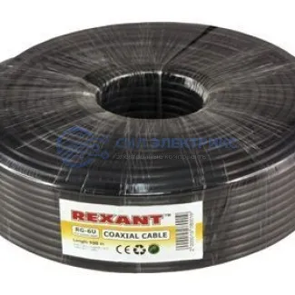фото Кабель коаксиальный Кабель коаксиальный RG-6U+Cu, 75 Ом, Cu/Al/Cu, 64%, 100 м, черный OUTDOOR, REXANT