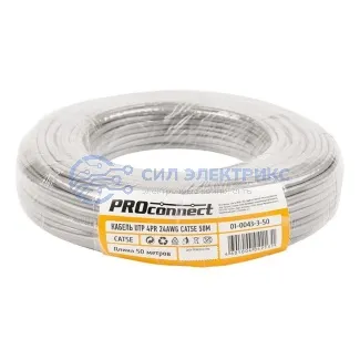 фото Кабель витая пара омедненный, U/UTP, CAT 5e, PVC, 4PR, 24AWG, INDOOR, SOLID, серый, 50м, PROconnect