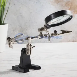 фото Держатель «Третья рука» REXANT, 2 зажима, чугун, лупа (2.5х) 60 мм