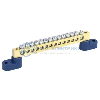 фото Шина «N» нулевая 8х12 мм на двух угловых синих изоляторах 14 групп REXANT