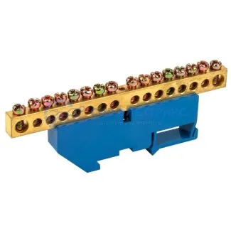 фото Шина «N» нулевая с синим изолятором на DIN-рейку 8x12 мм стойка бол. 16 групп REXANT