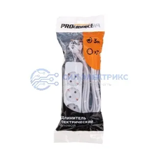 фото Удлинитель 3 гнезда, 3м, 3х0,75мм², с/з, белый PROconnect