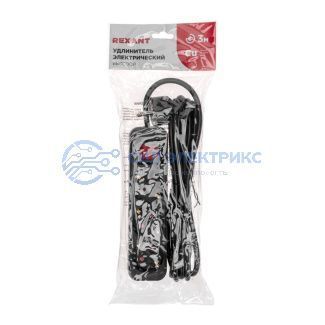 фото Удлинитель STANDARD 3 гнезда, 3м, 3х1,0мм², с/з, с выключателем, черный REXANT
