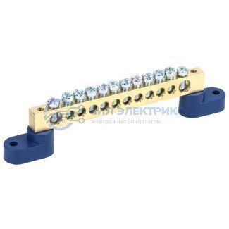 фото Шина «N» нулевая 8х12 мм на двух угловых синих изоляторах 12 групп REXANT