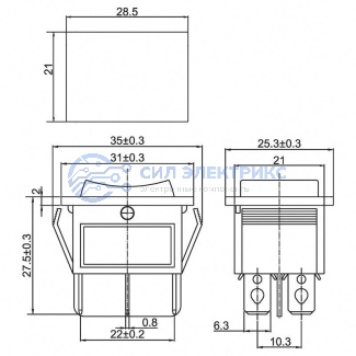 фото Выключатель клавишный 250V 15А (6с) ON-OFF-ON черный с нейтралью (RWB-508, SC-767) REXANT (в упак. 1шт.)