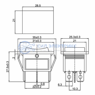 фото Переключатель клавишный 250V 15А (6с) ON-OFF-ON синий с подсветкой и нейтралью (RWB-509, SC-767) REXANT