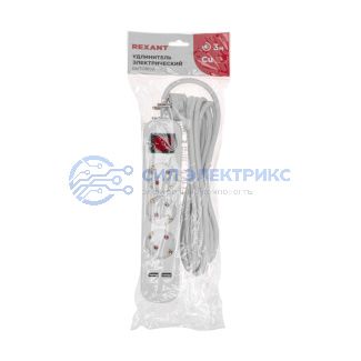 фото Удлинитель STANDARD 3 гнезда, 3м, 3х1,0мм², с/з, с выключателем, 2 USB, белый REXANT