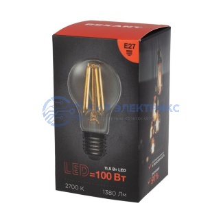 фото Лампа филаментная Груша A60 11,5Вт 1380Лм 2700K E27 прозрачная колба REXANT