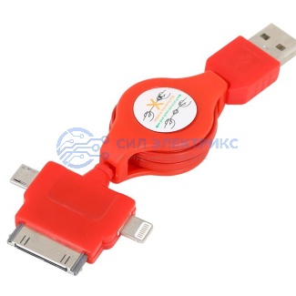 фото USB кабель-рулетка 3 в 1 для iPhone 5/microUSB/iPhone 4 красный
