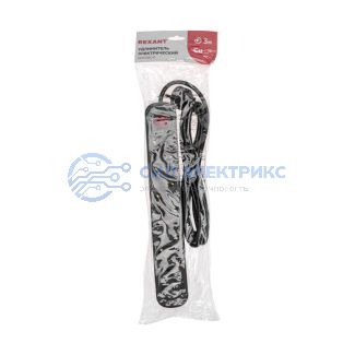 фото Удлинитель STANDARD 5 гнезд, 3м, 3х1,0мм², с/з, с выключателем, 2 USB, черный REXANT