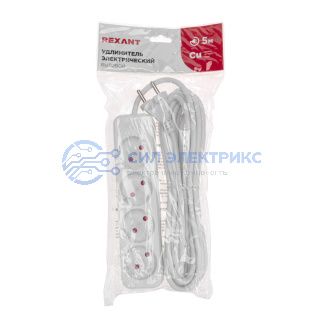 фото Удлинитель STANDARD 4 гнезда, 5м, 2х1,0мм², б/з, белый REXANT