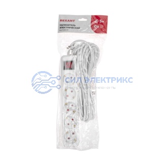 фото Удлинитель STANDARD 5 гнезд, 5м, 3х1,0мм², с/з, с выключателем, белый REXANT