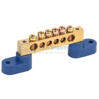 фото Шина «N» нулевая 8х12 мм на двух угловых синих изоляторах 6 групп REXANT