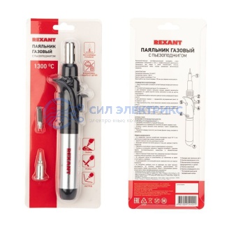 фото Паяльник-горелка с пьезоподжигом, газовый, 17мл, 2 насадки, блистер REXANT