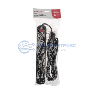 фото Удлинитель STANDARD 5 гнезд, 5м, 3х1,0мм², с/з, с выключателем, 2 USB, черный REXANT