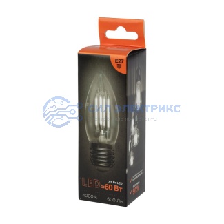 фото Лампа филаментная Свеча CN35 7,5Вт 600Лм 4000K E27 прозрачная колба REXANT