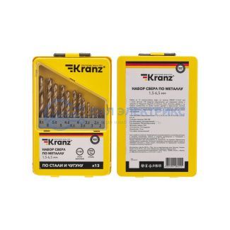 Набор сверл по металлу, 1,5-6,5мм (через 0,5мм, 3,2мм, 4,8мм), НSS, ТИТАН, цилиндрический хвостовик, металлический кейс, 13 шт. KRANZ фото Набор сверл по металлу, 1,5-6,5мм (через 0,5мм, 3,2мм, 4,8мм), НSS, ТИТАН, цилиндрический хвостовик, металлический кейс, 13 шт. KRANZ